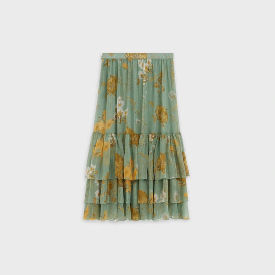 Women Mi-Longue A Volants Skirt Skirt - Celadon/Gold