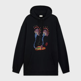 Men Over Embroidery Visage Hoodie - Black